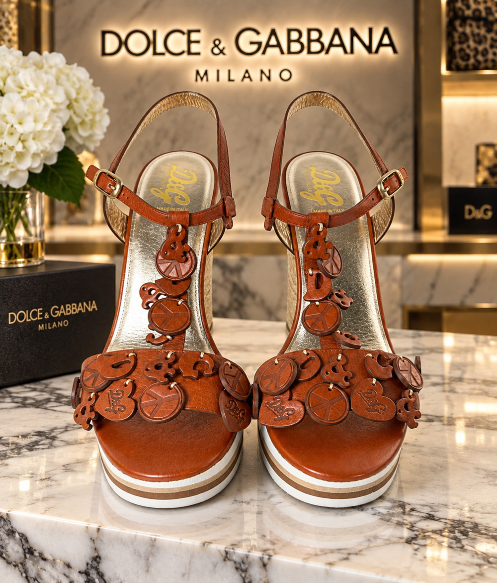 Rare Vintage Y2K D&G Dolce & Gabbana Leather Charm Cork Wedge Sandals Italy 37